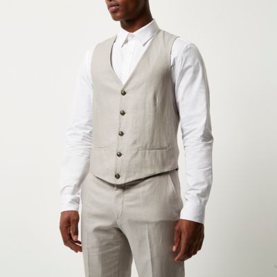 Beige linen-blend print lined waistcoat
